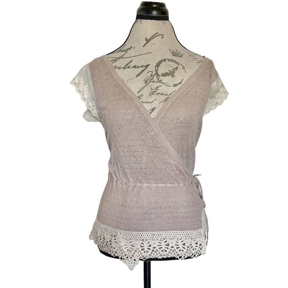 Banana Republic Knit Top XS Crochet  Eyelet Linen Blend Lace Embroidered Wrap